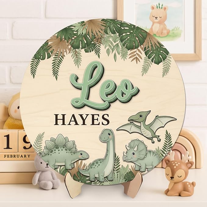 Custom Wooden Baby Name Sign with Cute Dino Design, Personalized Nursery Wall Hanging for Boys Bedroom Unique Newborn Shower Gift for Boys & Girls