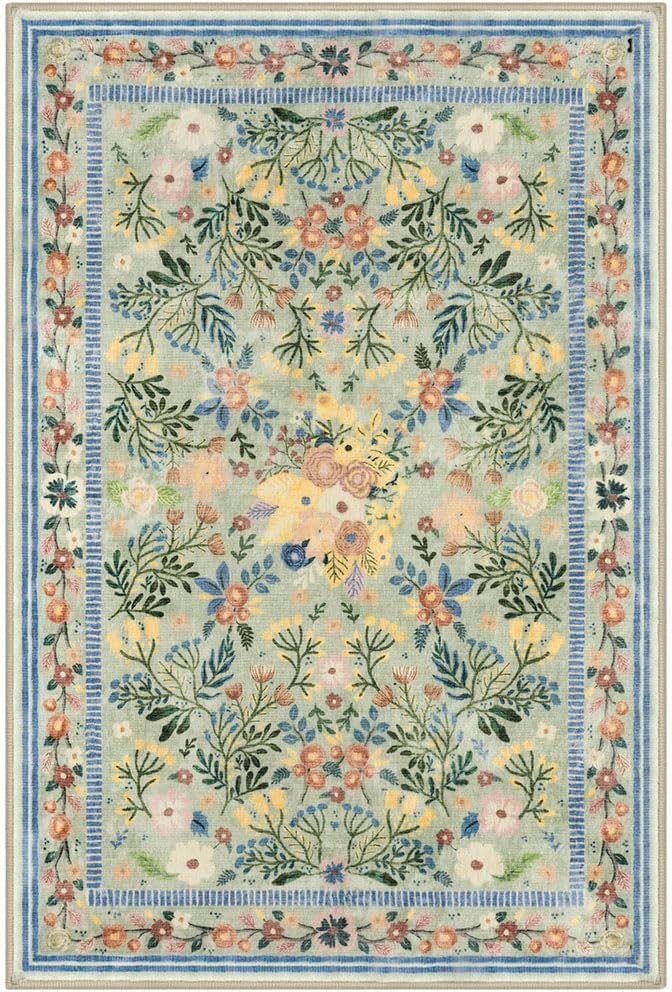 Area Rugs for Living Room 5x7, Washable Boho Green Thin Floral Living Room Rug Non-Slip, Vintage Bedroom Indoor Carpet for Dining Room Kitchen Office Playroom, Green/Multi