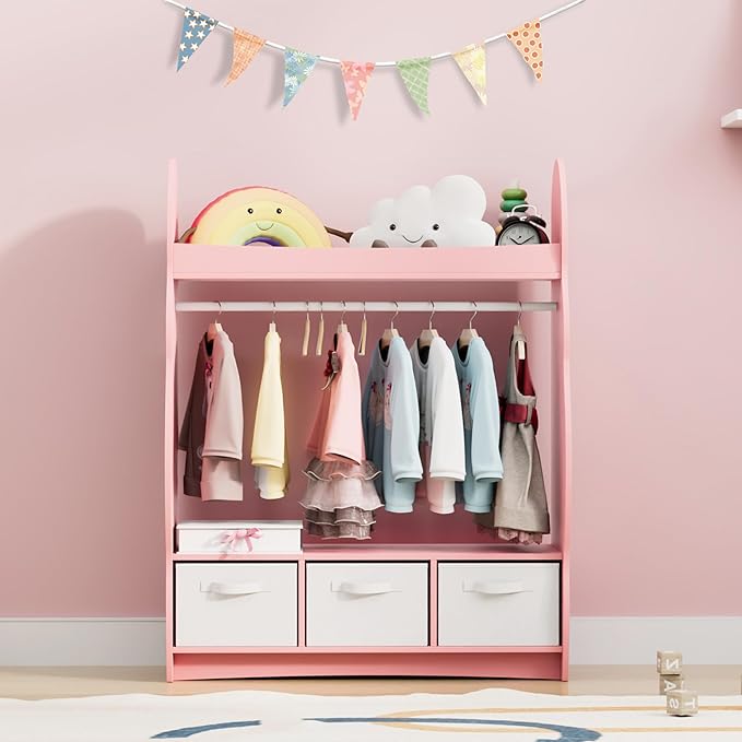 Kids Dress Up Storage Rack Mirror Wood Child Wardrobe 2 Hooks 2 Fabric Bins Toddler Closet Girls Boys Open Hanging Armoire Storage Shelf Coat Costume Hat Shoe (Cloud+Pink+Three Drawers)