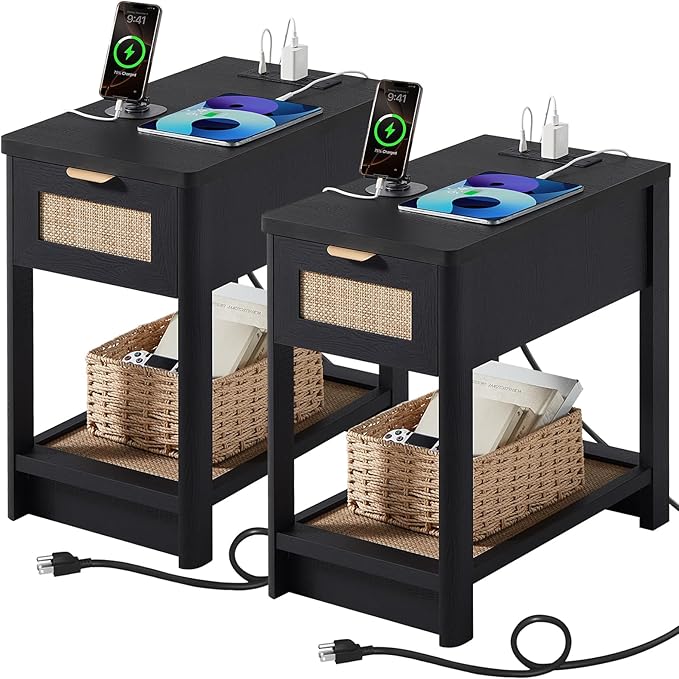 Lerliuo Narrow Night Stand Set of 2 with Charging Station, Boho Nightstand with Drawer, Bed Side End Table with Rattan Shelf for Small Spaces, Wood Nightstands Bedside Tables for Living Room Bedroom