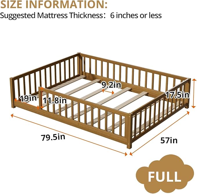 LLS Full Floor Bed for Kids Toddlers, Solid Wood Multifunctional Montessori Bed Frame with Safety Guardrails, Without Door, Easy Assemble,Light Espresso