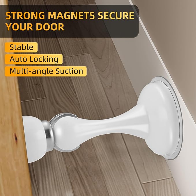 4 Pack Magnetic Door Stop No Drilling Door Stop with 3D Adhesive Tapes Keep Door Open Door Stainless Steel Screws for Stronger Mount (White)