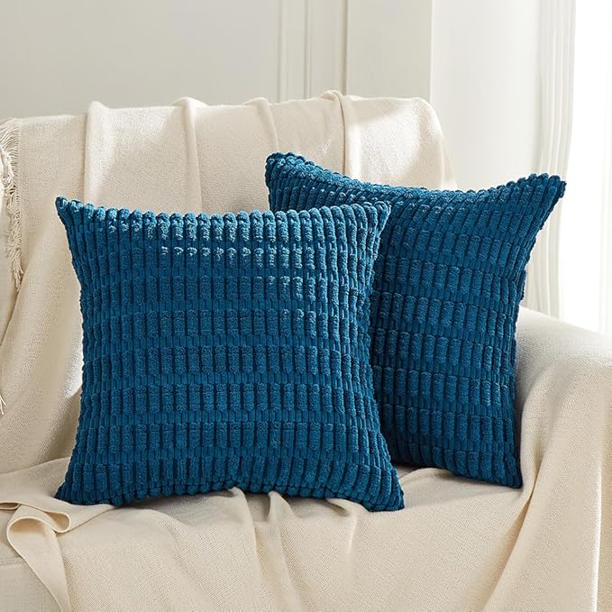 Fancy Homi 2 Packs Teal Decorative Throw Pillow Covers 22x22 Inch for Living Room Couch Bed Sofa, Rustic Farmhouse Boho Home Decor, Soft Striped Corduroy Square Cushion Case 55x55 cm