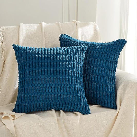 Fancy Homi 2 Packs Teal Decorative Throw Pillow Covers 22x22 Inch for Living Room Couch Bed Sofa, Rustic Farmhouse Boho Home Decor, Soft Striped Corduroy Square Cushion Case 55x55 cm