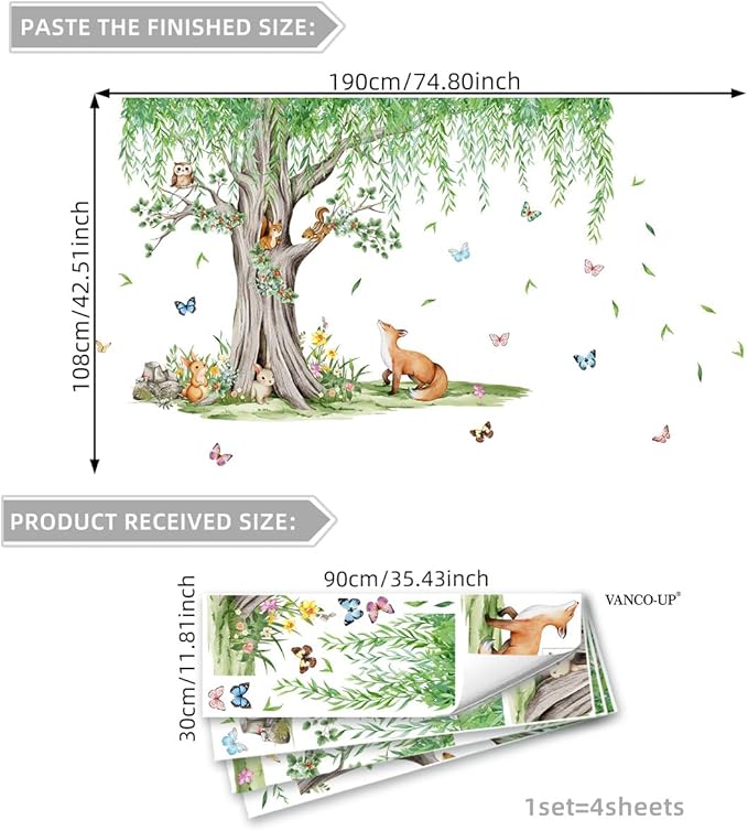 Large Pendulous Tree Woodland Forest Wall Decals, Hanging Green Tree with Animals Birds Wall Stickers for Nursery Kids Room Wall Decor, 74.8x42.5 inch
