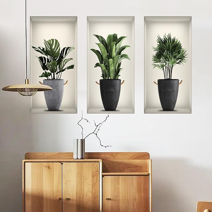 3D Green Pot Plants Wall Decals, Tropical Potted Wall Stickers, Creative Vinyl Peel and Stick Removable Wall Art Decor for Bedroom Living Room Kitchen(3D Green Plants 02)