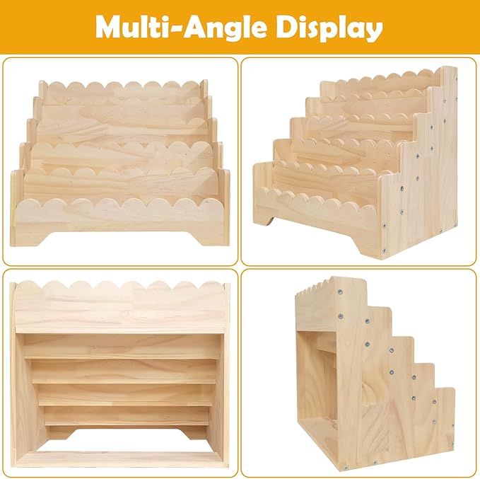 5 Tier Small Wooden Scalloped Shelf for Toddler 1-5 Years, Kids Bookshelf Children Montessori Bookshelf, Durable Baby Toddler Bookcase for Nursery Playroom, 16.9*11.4*15.7"