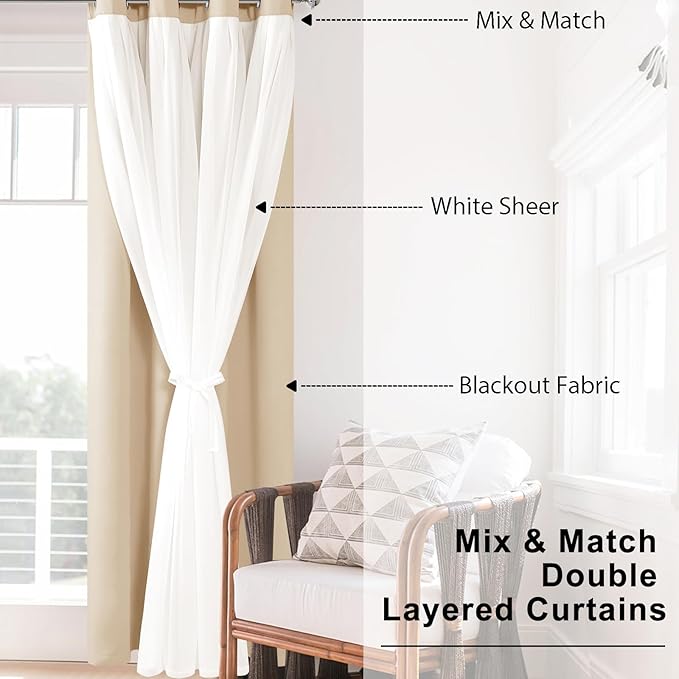 Hiasan Blackout Curtains with Sheer Overlay, Grommet Thermal Insulated Privacy Mix and Match Double Layer Window Curtains for Girls Bedroom, Living Room, 2 Drape Panels with Tiebacks, Beige, 52W X 63L
