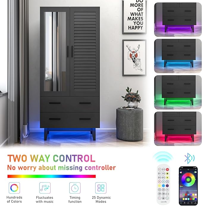 2 Door Armoire Wardrobe Closet Cabinet with Mirror, Drawers and LED Lights, Multi-Tier Shelves, Hanging Rod & 2 Louver Doors, Large Capacity Storage Wardrobe Armoire for Bedroom, Black