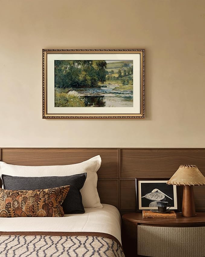 ARPEOTCY Vintage Gold Framed Large Wall Art, Nature Streamside Retro Paintings, Landscape Canvas Prints Artwork with Antique Frame, Victorian Wall Picture Decor for Gallery Living Room 16x24 inch