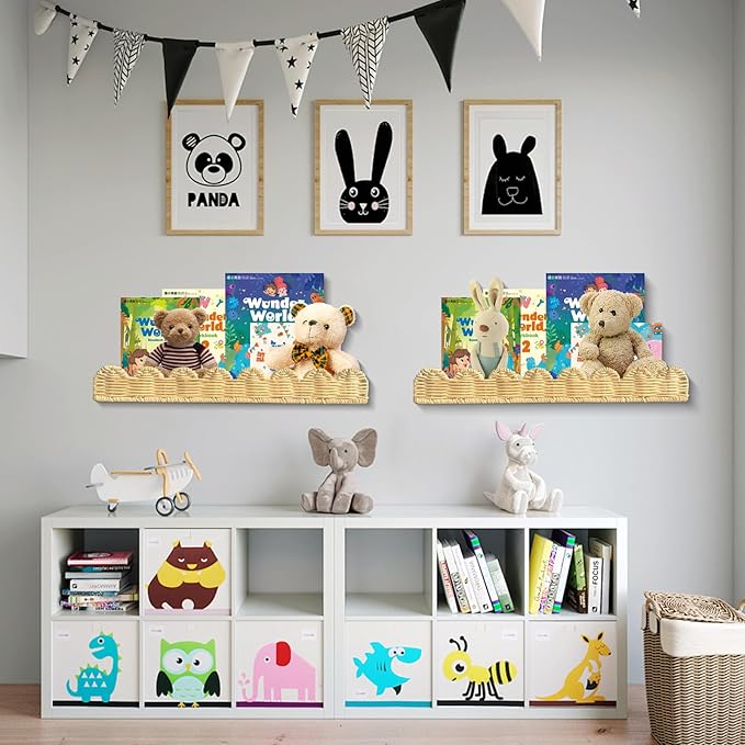 Nursery Book Shelves, 2Pcs Artisanal Natural Rattan Scalloped Book Shelf for Kids Rooms, Rattan Wall Shelves for Books, Toys, Photo Frames, Nursery, 15.8 x 4 Inch