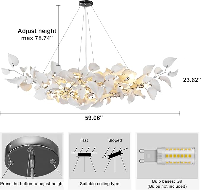 YUYI 59" Branch Chandelier, Silver Rectangular Hearted Leaf Chandeliers for Dining Room, Living Room, Kitchen, Foyer, Bedroom, Elegant Art Deco Chandelier Light Fixture