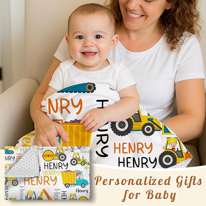 Personalized Baby Blankets for Boys, Custom Name Blanket Birthday Gift for Kid, Soft Flannel Blanket with Dotted Backing for Infants Toddlers, Customized Gifts, Yellow Truck(30”x40)