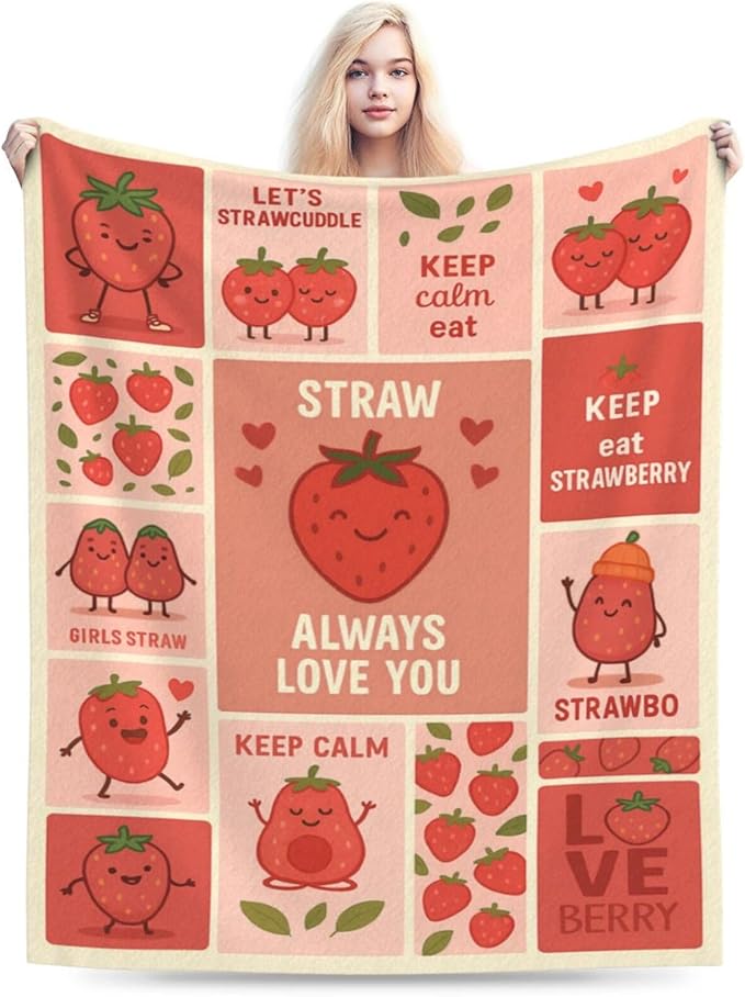 Cute Strawberry Blanket Funny Cartoon Berry Fruit Throw Blanket Soft Cozy Fleece Fuzzy Plush Warm Stuff Bedding Nursery Toddler Baby Blankets Gifts for Boys Girls Kids Adult Men Women 60"X80"