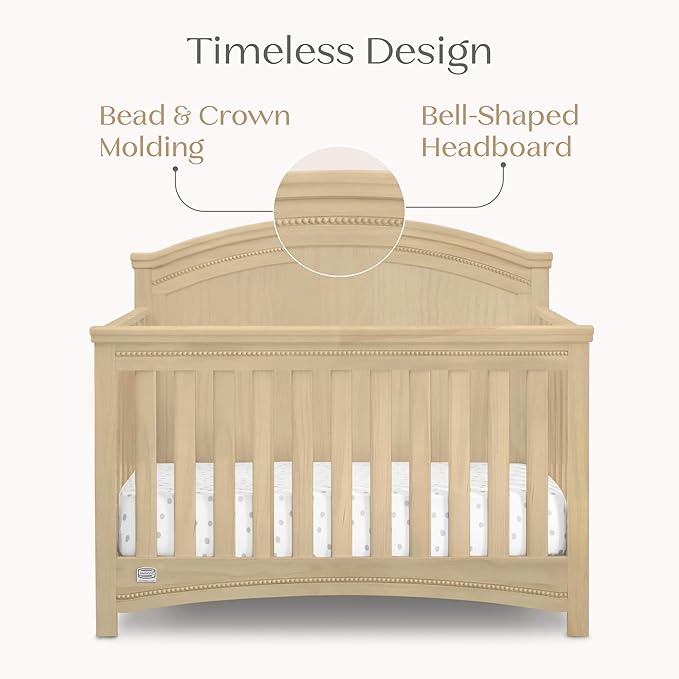 Delta Children Simmons Kids SlumberTime Emma 4-in-1 Convertible Baby Crib N More - Greenguard Gold Certified, Natural Sandstone