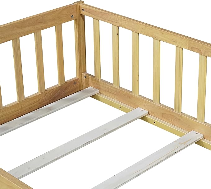 Twin Size Montessori Floor Bed with Slats, Twin Size Floor Bed with Door and Fence, Easy Assemble Montessori Beds for Girls, Boys, Natural