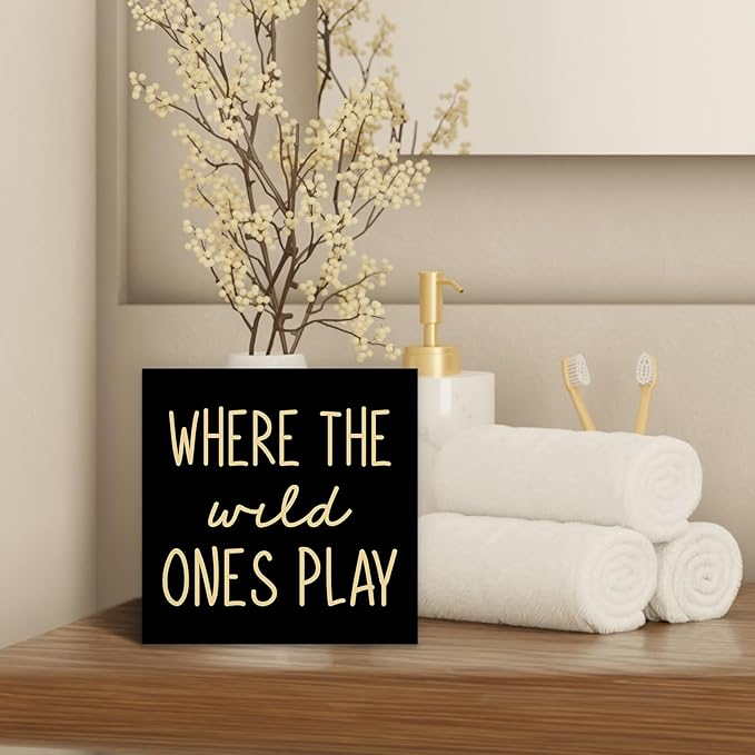 Where The Wild Ones Play Black Yellow Wood Box Sign Desk Decor 5X5, Nursery Kids Room Wooden Block Sign Decorations for Playroom Toddler Room Wall Tabletop Shelf Decor