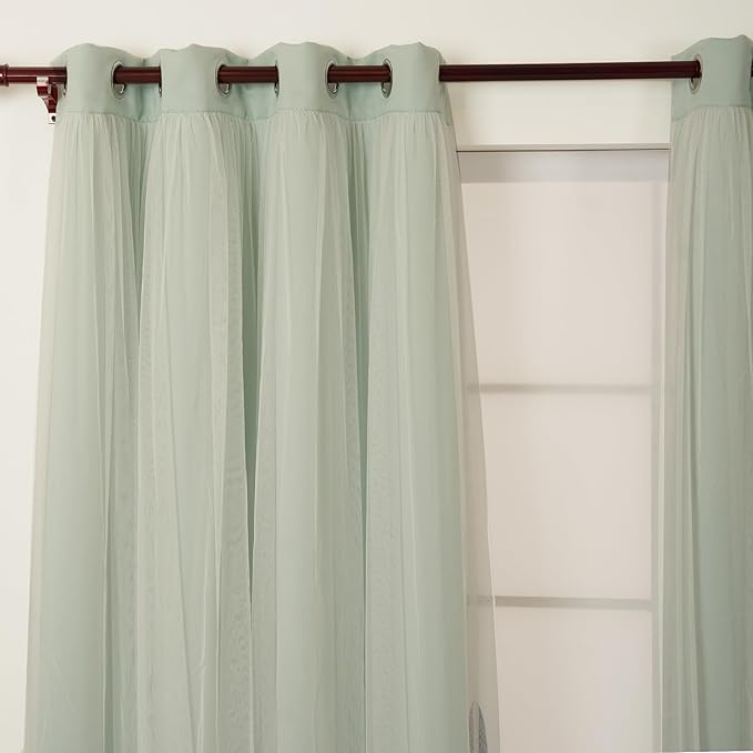 INLINAS 52 x 84 Inch Blackout Curtains with Sheer Overlay - Grommets Thermal and Noise Reduction Panels for Bedroom and Living Room Light Blocking and Energy Saving, Mint, Set of 2