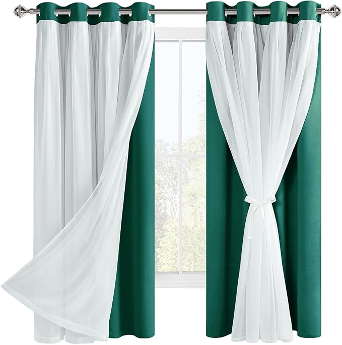 Hiasan Blackout Curtains with Sheer Overlay, Thermal Insulated Privacy Mix & Match Double Layer Window Curtains for Christmas,Girls Bedroom, 2 Drape Panels with Tiebacks, Hunter Green, 52W X 63L