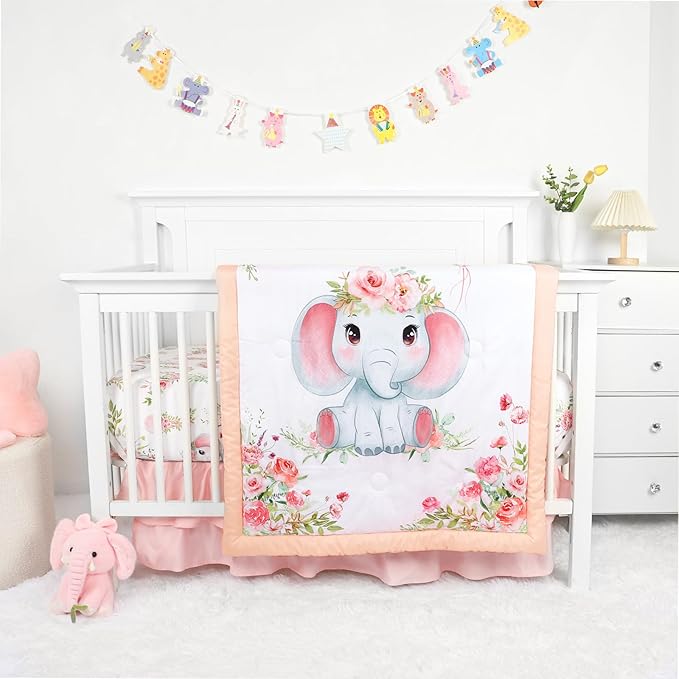 Baby Crib Bedding Set for Girls Boys, Soft Bedding Set with Comfort, Crib Skrit, Crib Sheet, Infant & Toddler Nursery Bed Set, Elephants