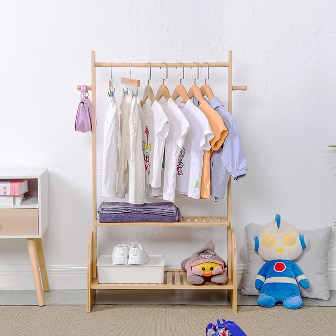 Kids Clothing Rack With Adjustable Rods, Children Clothes Garment Rack for Baby Pet, Dress Up Rack With 2 Bottom Shelves, Wardrobe Closet for Toddlers Nursery