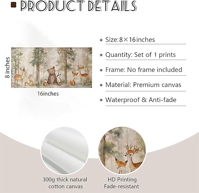 Woodland Animal Nursery Canvas Wall Art Wild Animals Forest Paintings Pictures Wall Decor Fox Bear Deer Watercolor Poster Print Artwork for Boys Room Girls Room Home Decoration （Unframed）