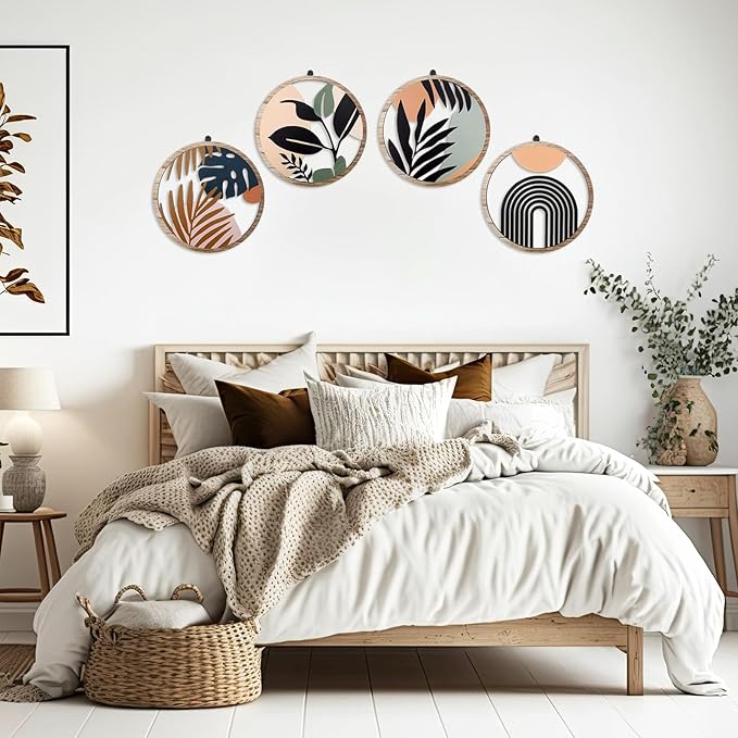 Qunclay 4 Pieces Boho Wall Art Wooden Round Wall Decor Hollow-out Hanging Art Nursery Decor Farmhouse Geometric Hanging 10 Inch Aesthetic Wood Minimalist for Apartment Bedroom Bathroom Gift(Elegant)