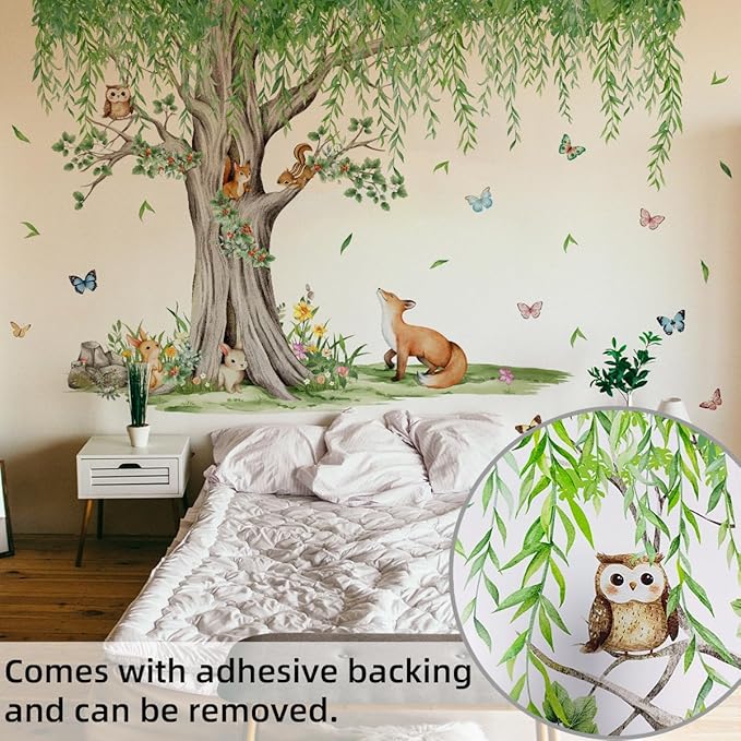 Large Pendulous Tree Woodland Forest Wall Decals, Hanging Green Tree with Animals Birds Wall Stickers for Nursery Kids Room Wall Decor, 74.8x42.5 inch