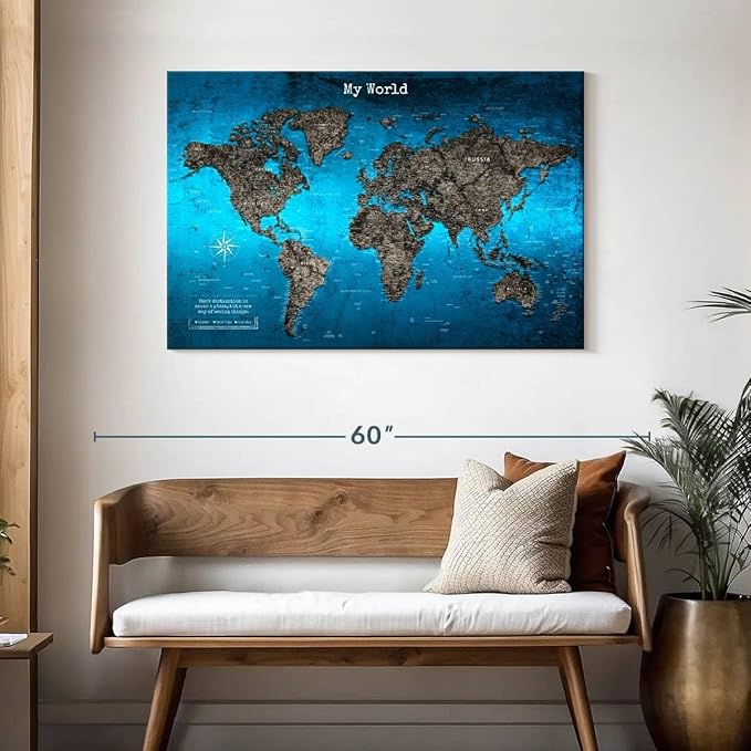 ElephantStock - My World Push Pin Travel Map Iii Wall Art - Horizontal Canvas Wall Art - Living Room Wall Decor - Digital Art Map Canvas Art - Turquoise And Blue Decor - 45" x 30"