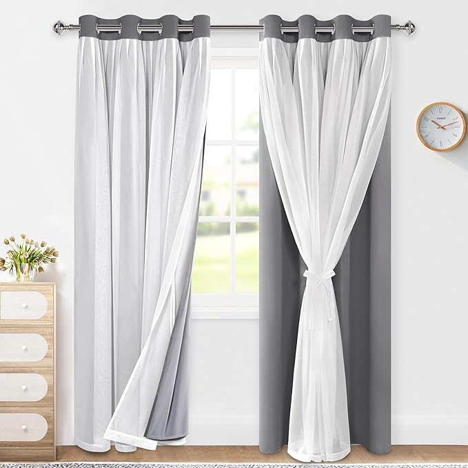 XWZO 100% Blackout Double Layer Curtains, Blackout Curtains with Sheer Overlay for Living Room, Children's Room, Grommet Thermal Insulated Privacy Curtains with Tiebacks, 2 Panels, 52x84, Grey