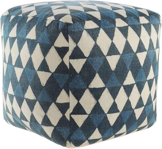 LR Home Pacifica Blue/Cream Large Ottoman Pouf for home decor | Geometric Hand-Woven Cotton Square pouf ottoman foot rest for bedroom & living room decor | 20 x 20 x 20 Ottoman Cube for Seating