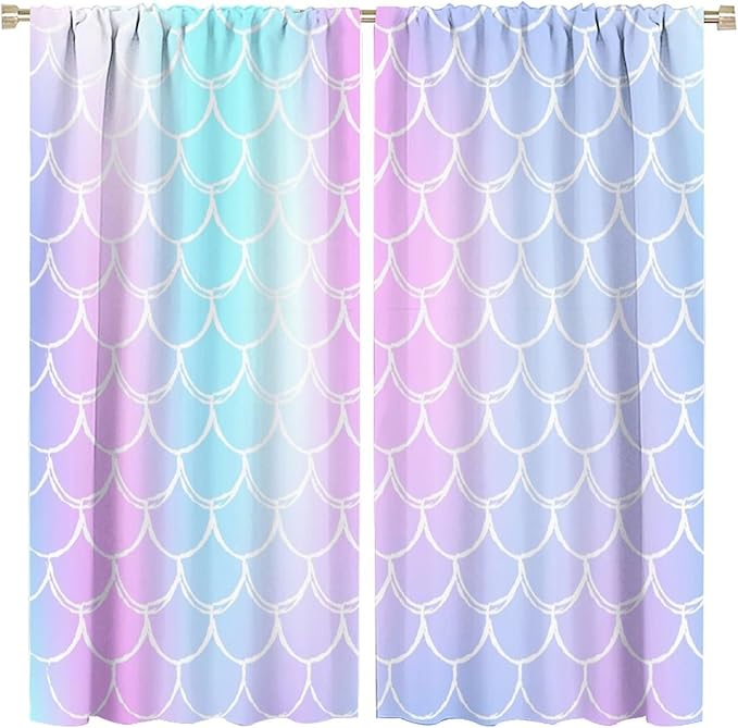 Fantasy Mermaid Curtain Rainbow Mermaid Scales Purple Pink Blue Ocean Theme Dream Blackout Window Treatment for Kids Boys Girls Bedroom Nursery Room Decor Rod Pocket Window Drapes 42x54in