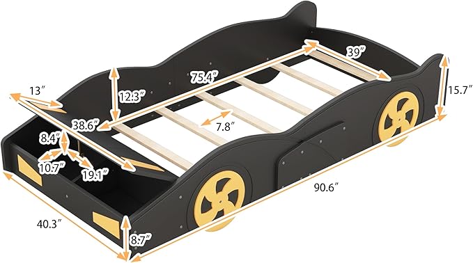 Twin Size Race Car-Shaped Platform Bed Bedframe with Wheels and Storage, 90.6" L * 40.3" W * 15,7" H Black+Yellow