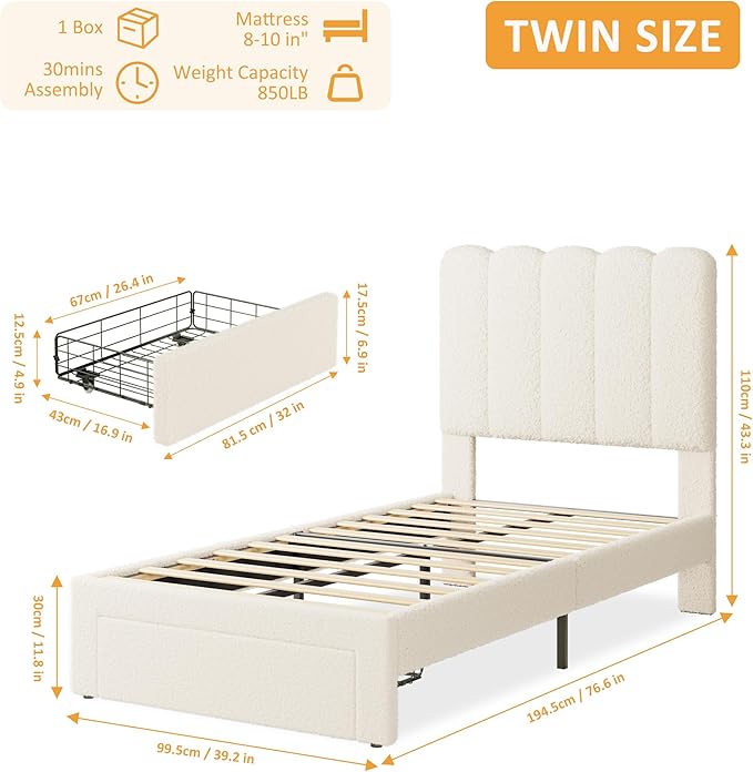 GarveeHome 2 Sets Twin Bed Frame with Under-Bed Drawer, Upholstered Platform Bed with Wave Headboard for Kids/Girls, Wooden Slats Support, No Box Spring Needed, Boucle Beige