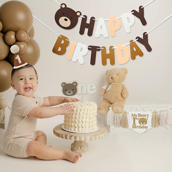 Bear 1st Theme First High Chair Banner For 1st Birthday Party Decorations With One Cake Topper