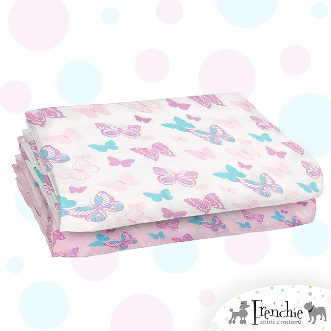 Frenchie Mini Couture, Crib Sheets 2 Pack, 100% Woven Cotton, Fitted Mattress Covers, Fits Standard Size Toddler Bed 28 x 52 x 8in, Butterfly
