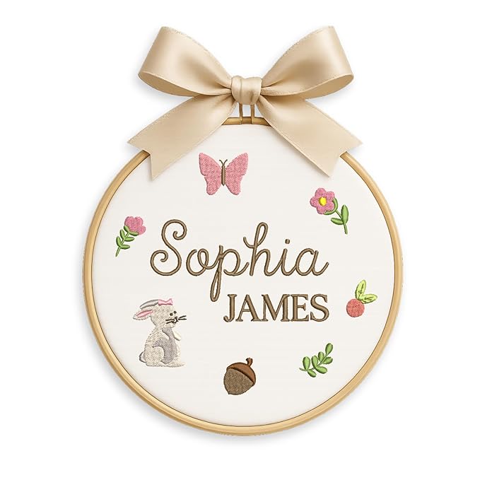 Personalized Baby Name Sign Welcome Baby Announcement Sign Newborn Baby Embroidery Hoop with Bows Baby Hospital Name Sign Custom Infant Baby Name Baby Shower Gifts (01)