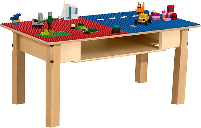 Time-2-Play Kids Wooden Rectangular Lego Compatible Play Table 30.75" W with 14" Long Maple Legs & Built in Shelf, Birch Plywood Montessori Activity Desk for Toddlers [Red & Blue]