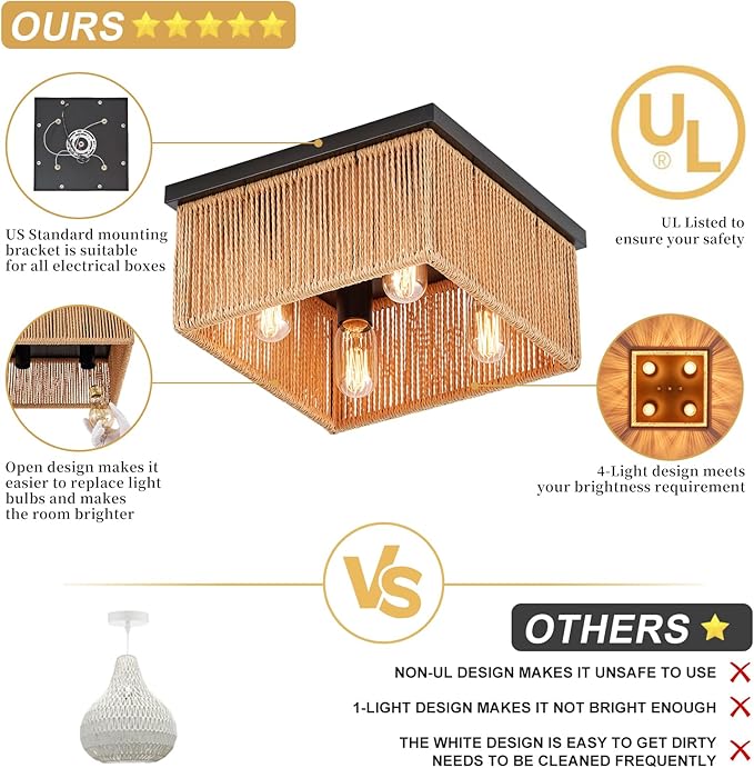 Square 4-Light Rattan Ceiling Light Fixture,12.6"x 12.6" Hand Woven Boho Flush Mount Ceiling Light, Farmhouse Coastal Cage Close to Ceiling Light for Bedroom Nursery Hallway Kitchen Dining Room