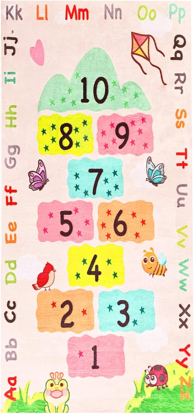 Cute Soft Educational Hopscotch Kids Room Rug with Numbers ABC Alphabet, Washable Pink Girls Play & Learning Rugs for Bedroom Playroom Classroom, Toddler Baby Play Area Nursery Carpet Rug 63"x31.5"