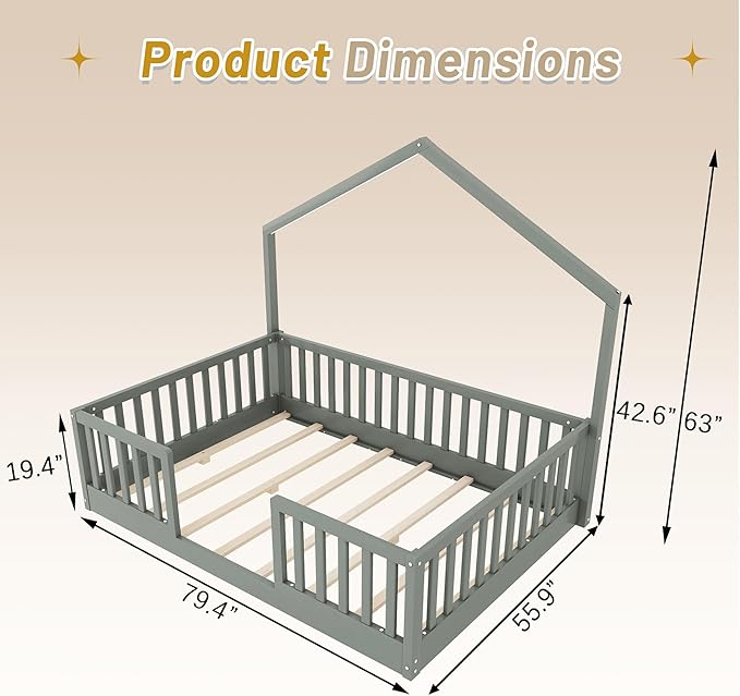 Full Size House Bed for Kids, Low Profile Full Montessori Bed with High Railings, Wood House Shape Montessori Beds with Light & Roof for Kids, Gray