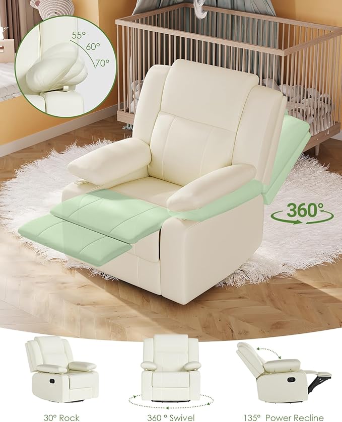 AILEEKISS Rocking Chair Nursery Swivel Recliner Glider Chair with Adjustable Armrests,Headrest Rocker Nursing Chair for Breastfeeding Comfy Upholstered Living Room Reclining Chairs(Beige)