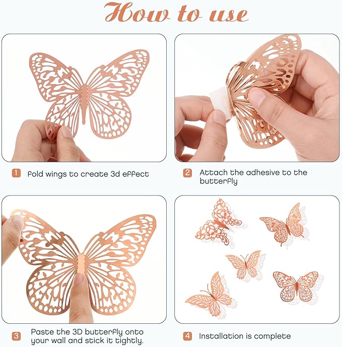 3D Gold Butterfly Wall Decor 3 Sizes 4 Styles Butterfly Party Decorations Cake Decorations Removable Stickers Wall Decor Room Mural Metallic Kids (Rose Gold, 48Pcs)