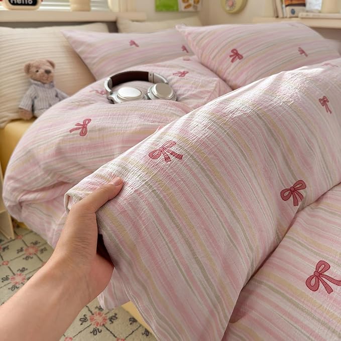 Striped Duvet Cover Queen Size Pink Bow Bedding Set Kids Boys Girls Princess Style Bowknot Coquette Reversible Soft Microfiber Duvet Cover Set 3 Pieces with 2 Pillowcases
