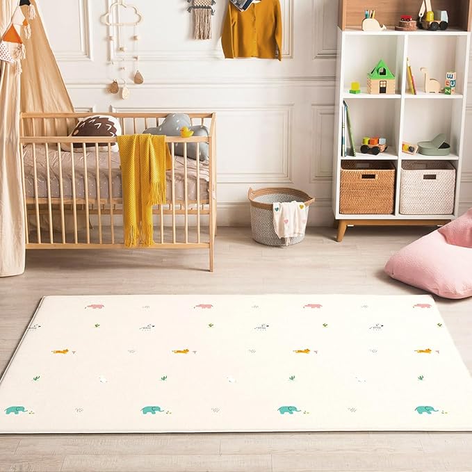 Ultra-Cushioned Premium Baby Play Mat - Jungle Friends + Herringbone - Made in Korea - Tummy Time Mat with Superior Shock Absorption, Non-Toxic Baby Floor Mats, Water Resistant, Reversible - 75"x51"