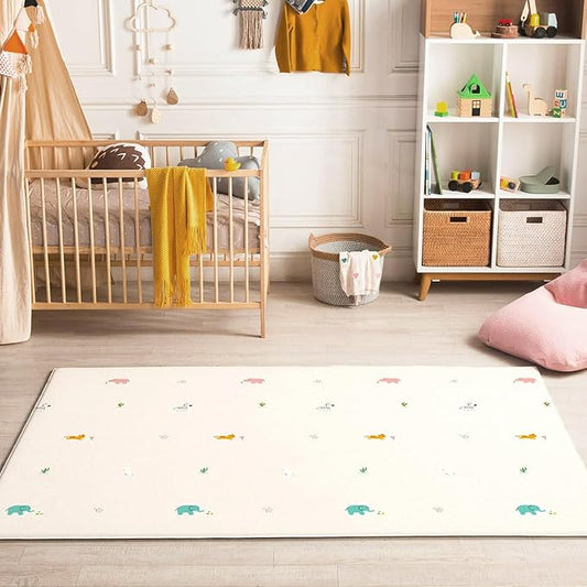 Ultra-Cushioned Premium Baby Play Mat - Jungle Friends + Herringbone - Made in Korea - Tummy Time Mat with Superior Shock Absorption, Non-Toxic Baby Floor Mats, Water Resistant, Reversible - 75"x51"