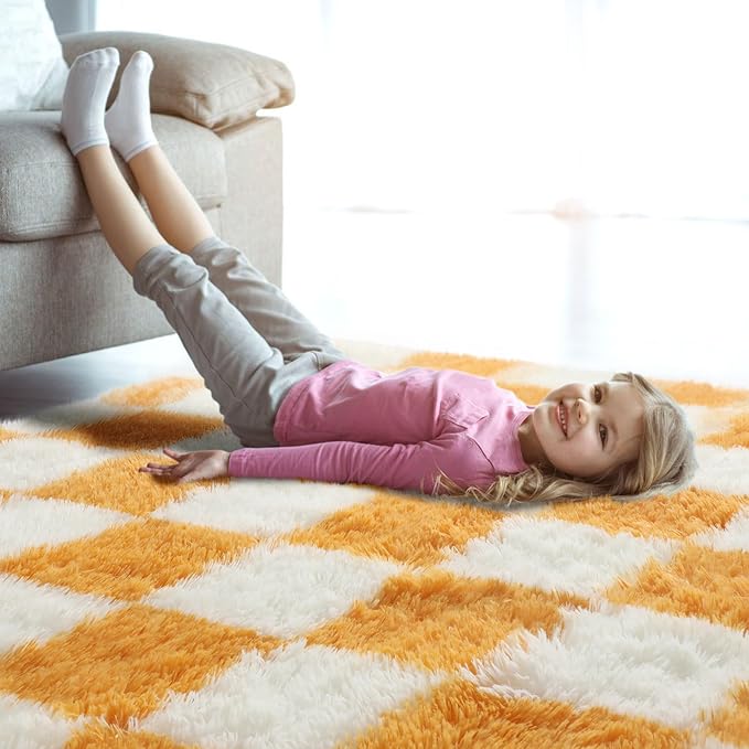 KICMOR 8x10 Area Rugs for Living Room, Large Soft Fluffy Checkered Big Fuzzy Shag Shaggy Carpet for Bedroom, Orange and Cream White Plush Rug for Kids Boys Girls Dorm Nursery Home Decor Aesthetic