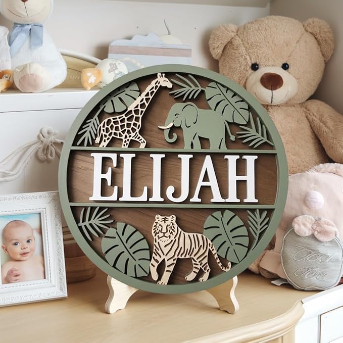 Personalized Name for Nursery Wall, Giraffe Elephant Line Sign for Baby Door Decor, Newborn Gifts for Girl, Girls Nursery Wall Bedroom Decorations, Mother's Day Gifts for New Mom Dad Gift