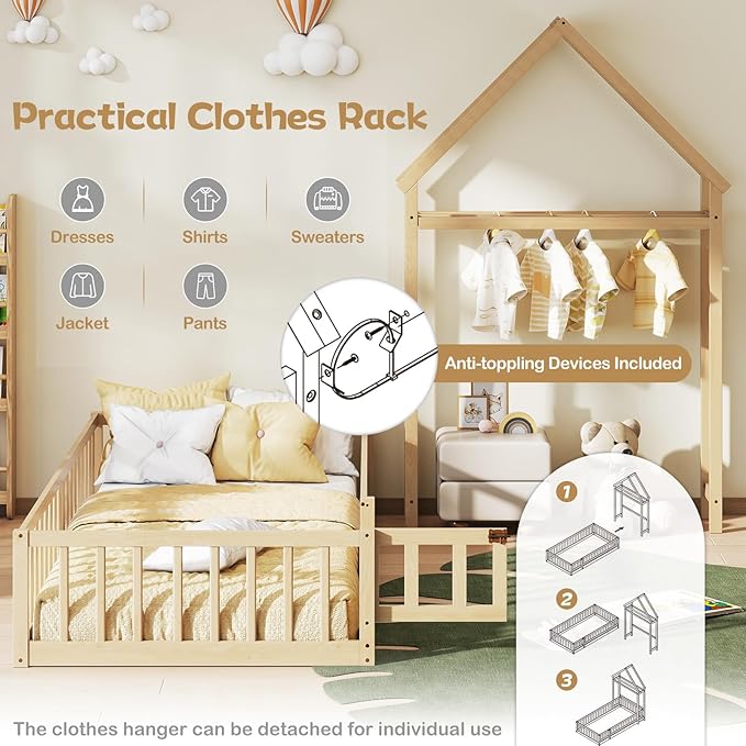 KOMFOTT Twin Size Floor Bed with House-Shaped Headboard, Kids Montessori Floor Bed with Detachable Clothes Hanger, Full Length Safety Guardrails, Door & Latch, Solid Wood Floor Bed Frame