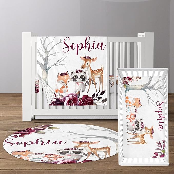 Custom Baby Crib Bedding Set - Rose Animal Design Personalized Name Baby Nursery Bedding 3 Pcs Set - Chic Soft Blanket, Fitted Sheet, Room Rug for Newborns Boys Girls Gifts